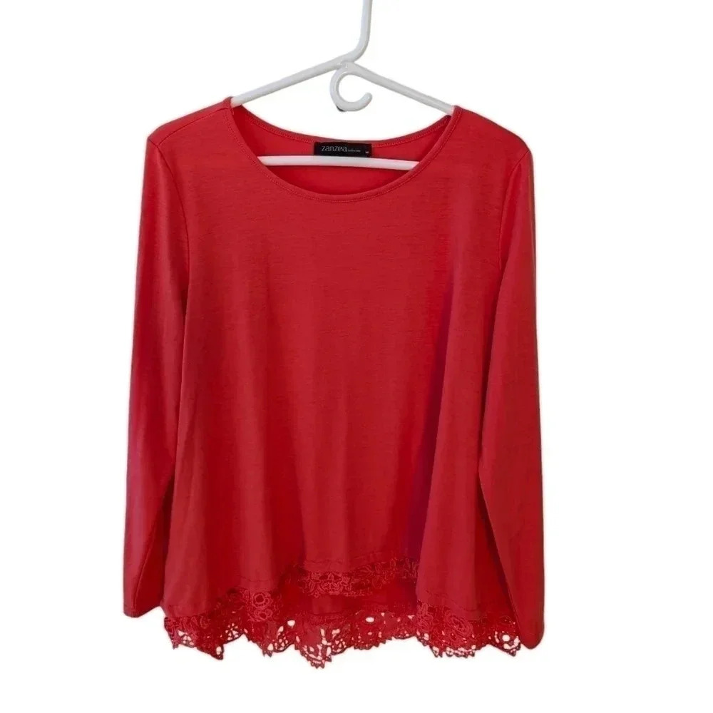 ZANZEA Women Casual Crochet Lace Patchwork Irregular Solid Color Top SZ M